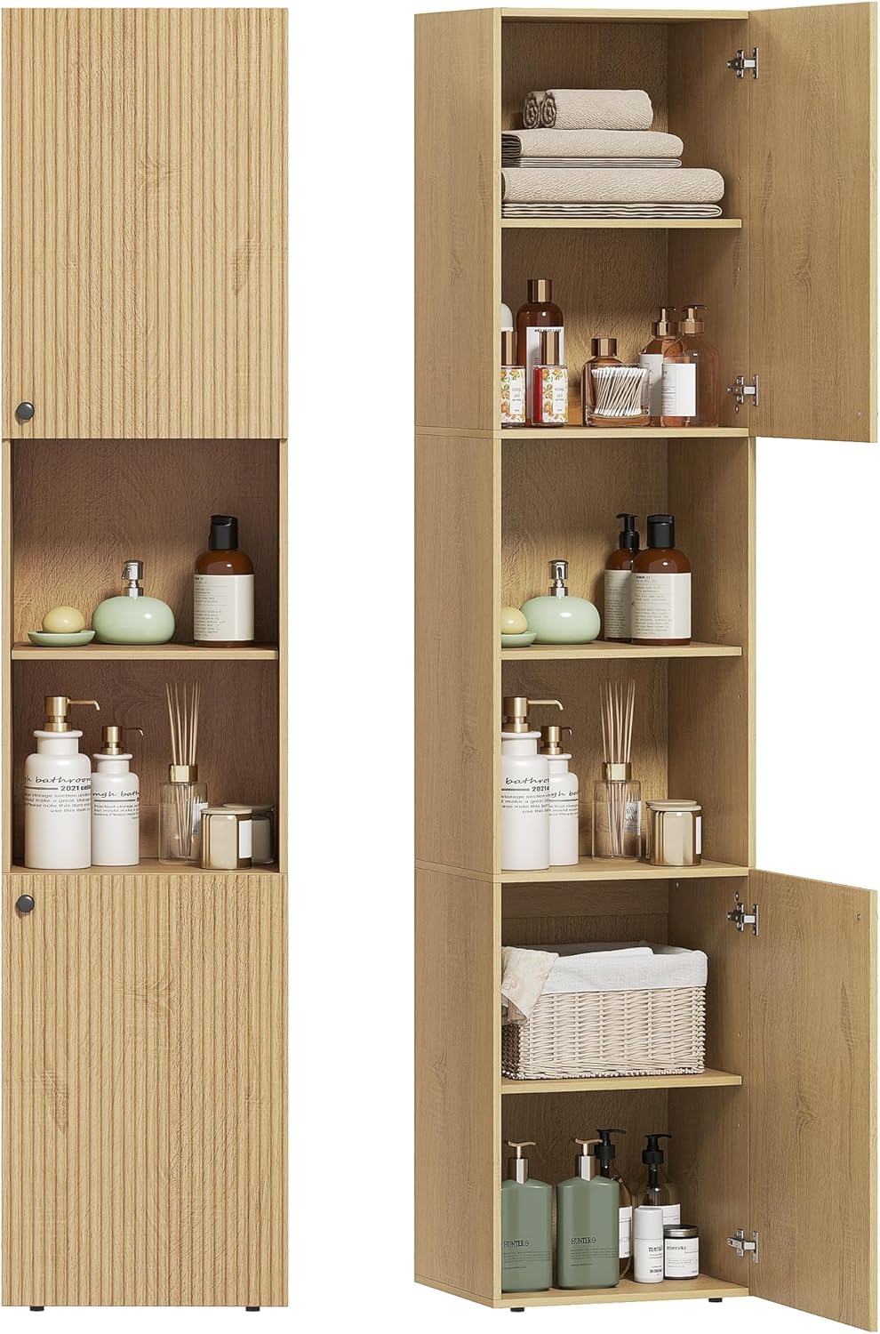 HOMCOM Badezimmerschrank hoch schmal Badschrank Hochschrank mit 2 Türen, Verstellbaren Ablagen, 2 offenen Fächern für Badezimmer, Wohnzimmer 40 x 31 x 182 cm Eiche