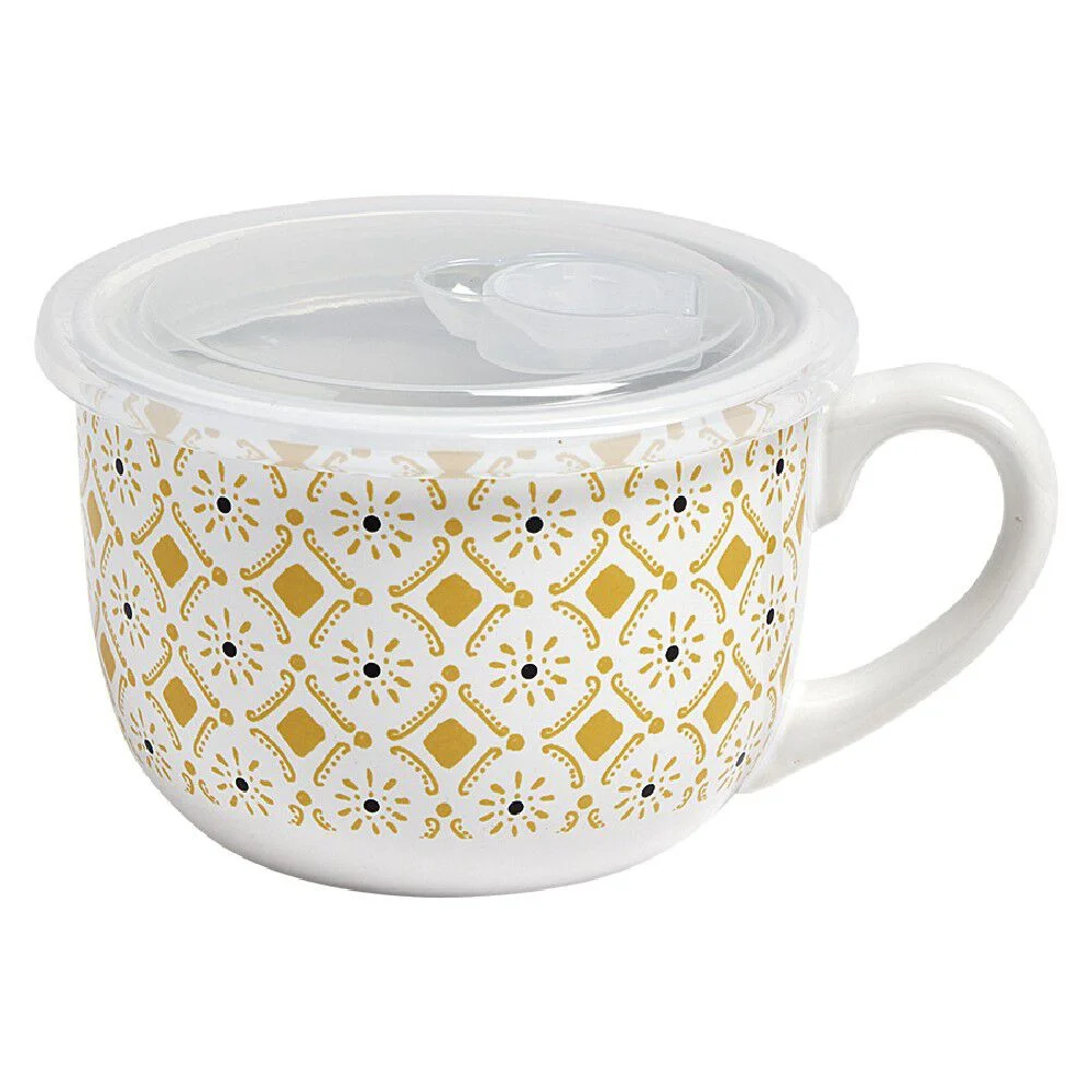 Bol jumbo blanc à motif ethnique jaune et noir couvercle transparent