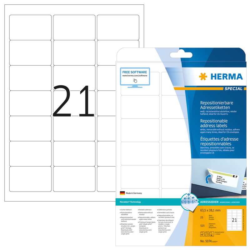 Herma Etiketten wiederablösbar, 5074, 63.5 x 38.1 mm, 25 Blatt