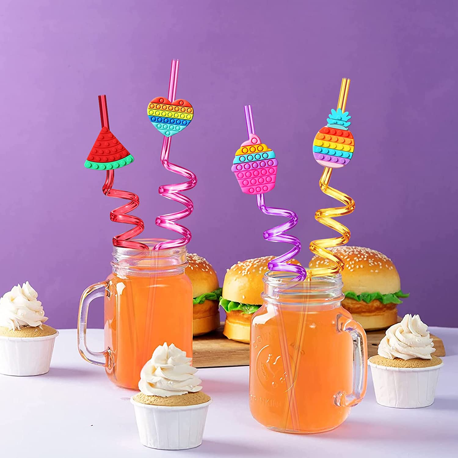 (8er Set) 26cm Wiederverwendbare Spiral Strohhalme Sommer Party Trinkhalme - Bunt