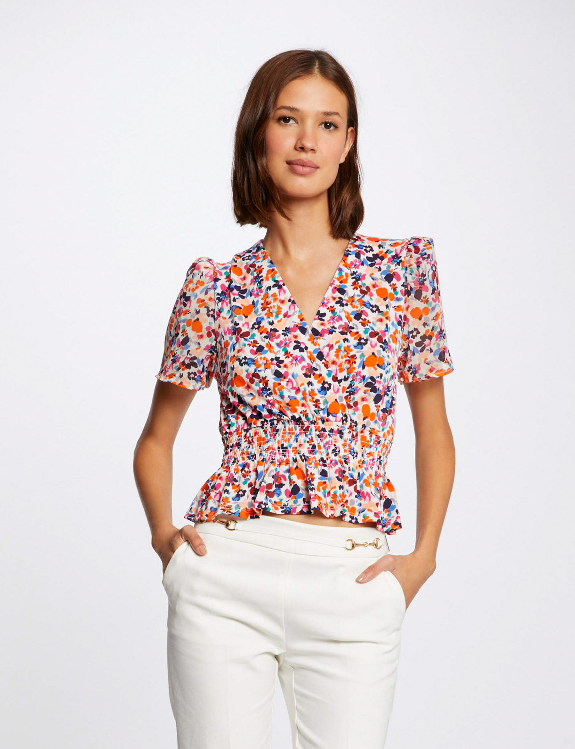 T-shirt manches courtes imprimé floral ecru femme - ecru