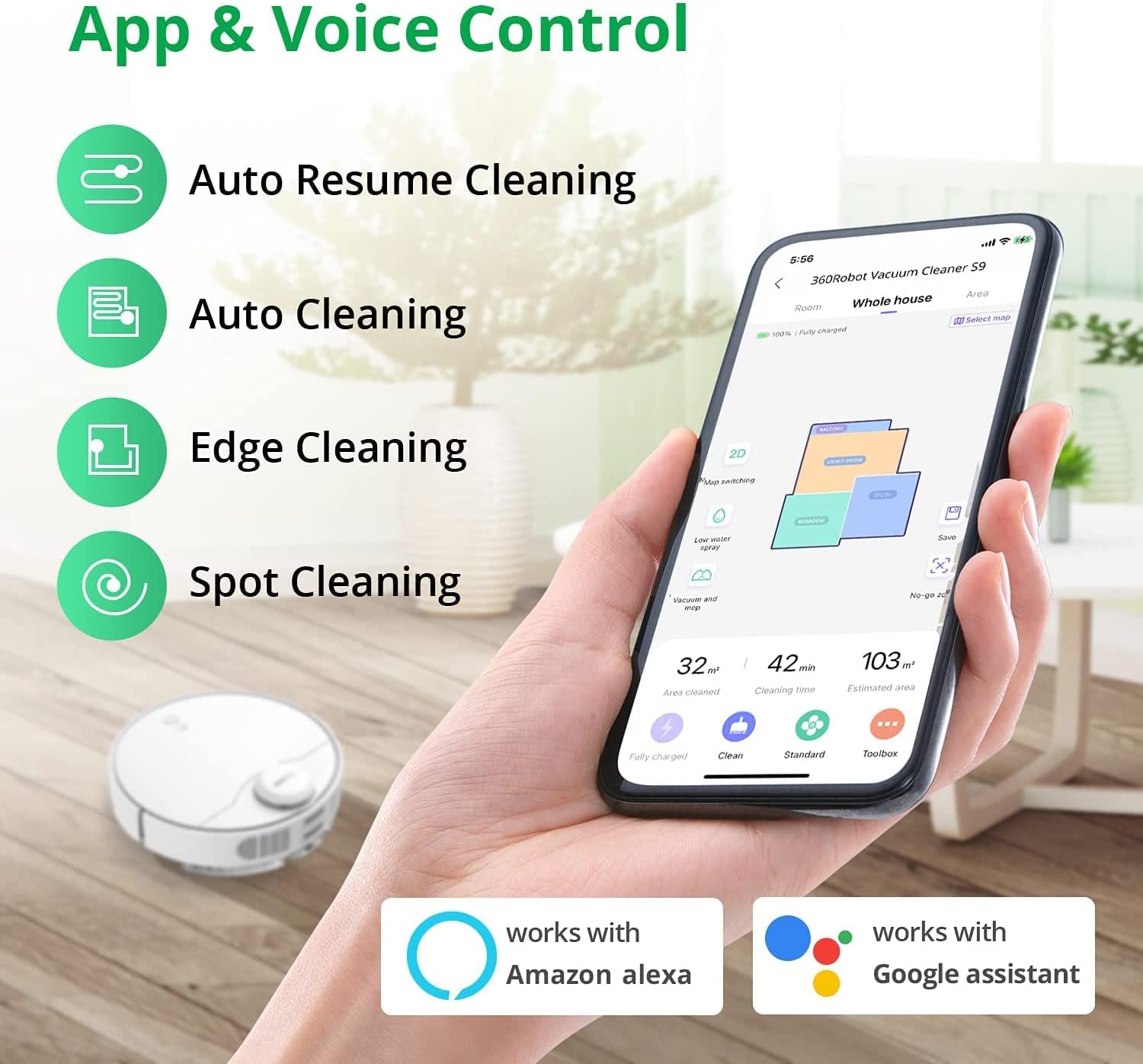 360 S9 Saugroboter mit Wischfunktion (Smarter Wassertank, Fernbedienung, 5200mAh, Ultraschallsensor, LDS, intelligente Navigation, App, 2650Pa Saugleistung, HEPA-Filter, Sperrzonen), weiß