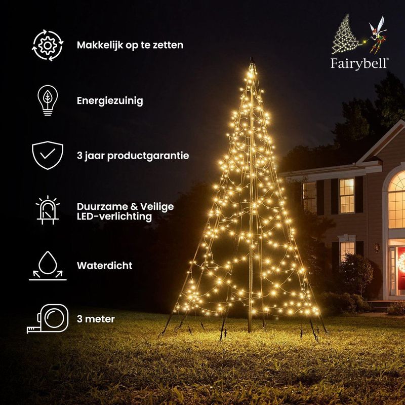 Fairybell LED Kerstboom voor buiten inclusief mast - 3 meter - 360 LEDs - Warm wit