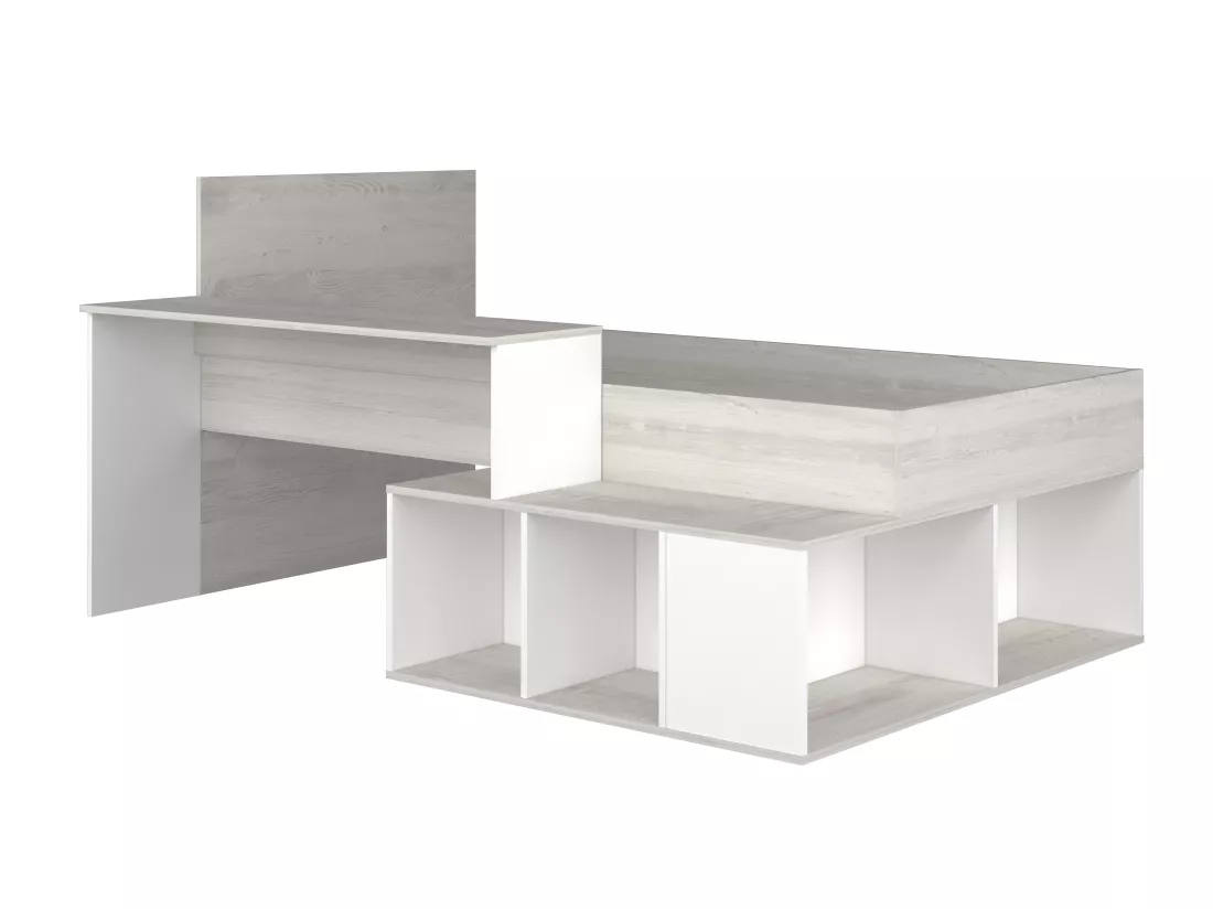 Lit combiné 90 x 200 cm avec rangements et bureau - Coloris : Naturel et blanc + Sommier - RIGALI