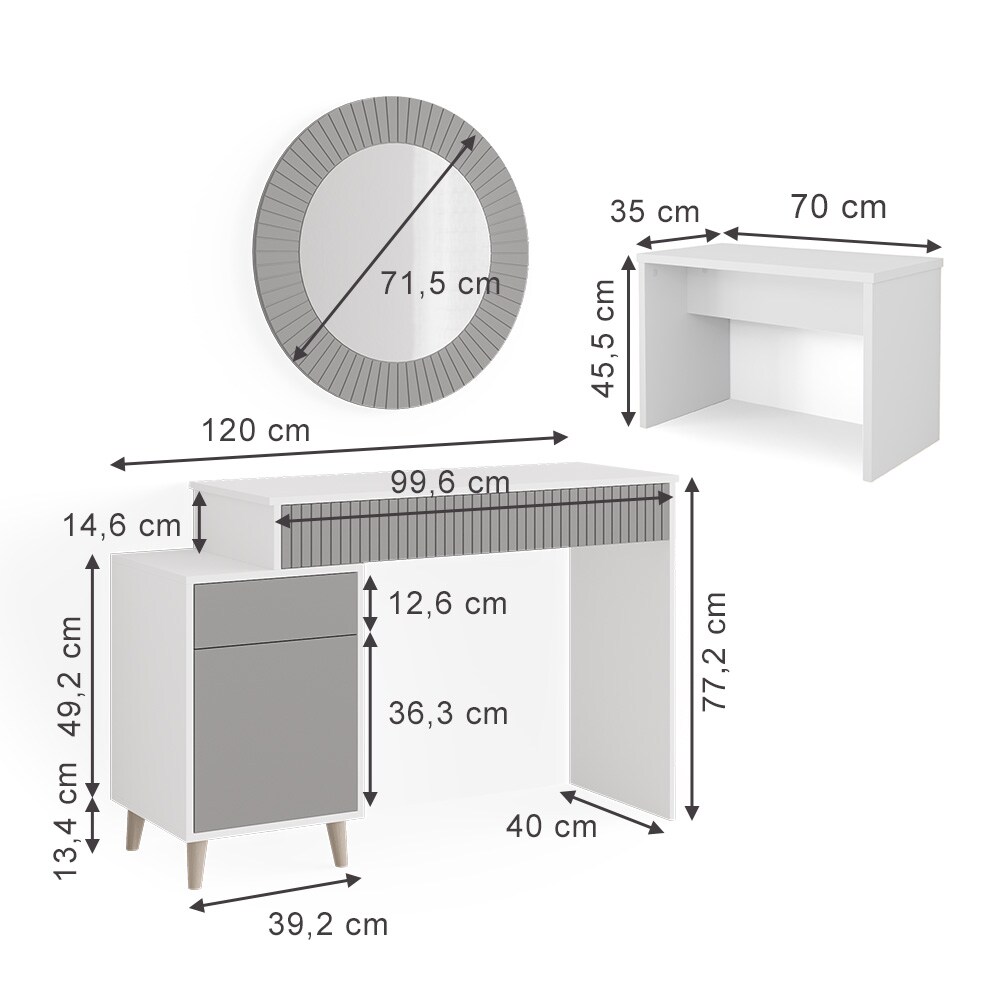 Vicco Schminktisch Frisiertisch Kosmetiktisch Arles Weiß Hellgrau Schminkspiegel Bank 120x77 cm Skandi Schlafzimmerkommode Schminkkommode Schublade Ablage Aufbewahrung Frisierkommode Make-Up-Tisch