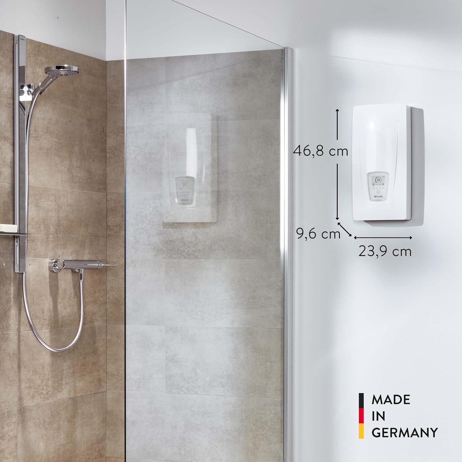 CLAGE DEX Next S vollelektronischer Durchlauferhitzer, Bad/Gruppenversorgung, 18-27kW, ECO-Mode, Fernbedienung, Wasser-/Energiesparend, E-Paper-Display, VDE-GS geprüft, 3200-36450