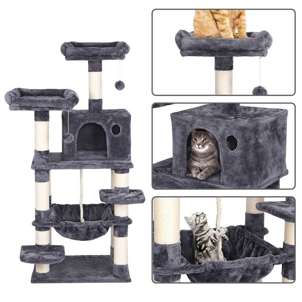 Yaheetech Stabiler Kratzbaum mit Sisal-Kratzstangen Hängematte, Höhle, Spielsisal 147 cm Kletterbaum für Katzen