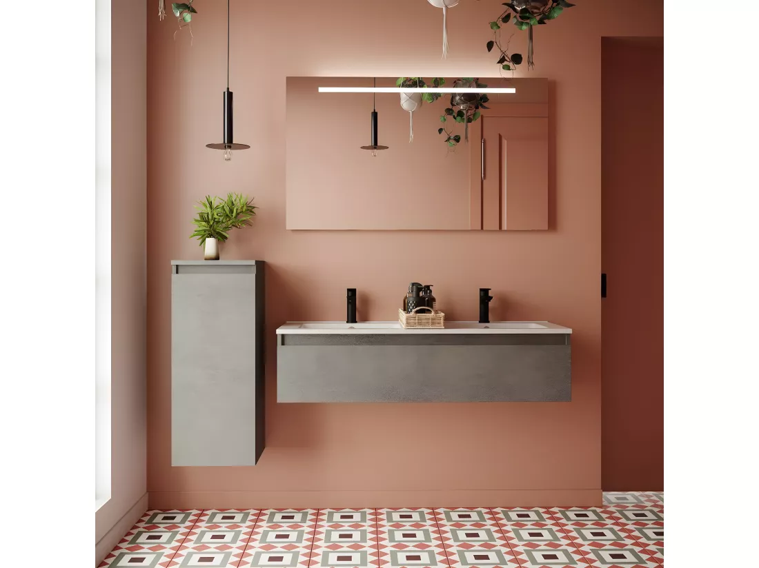 Meuble de salle de bain suspendu double vasque intégrée 120cm 1 tiroir façon Béton - Hudson