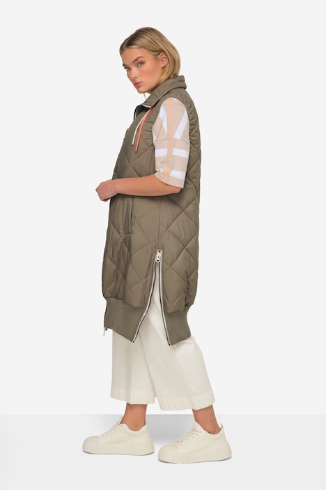 Steppweste, lange Form, Stehkragen, Zipper, Rippsaum