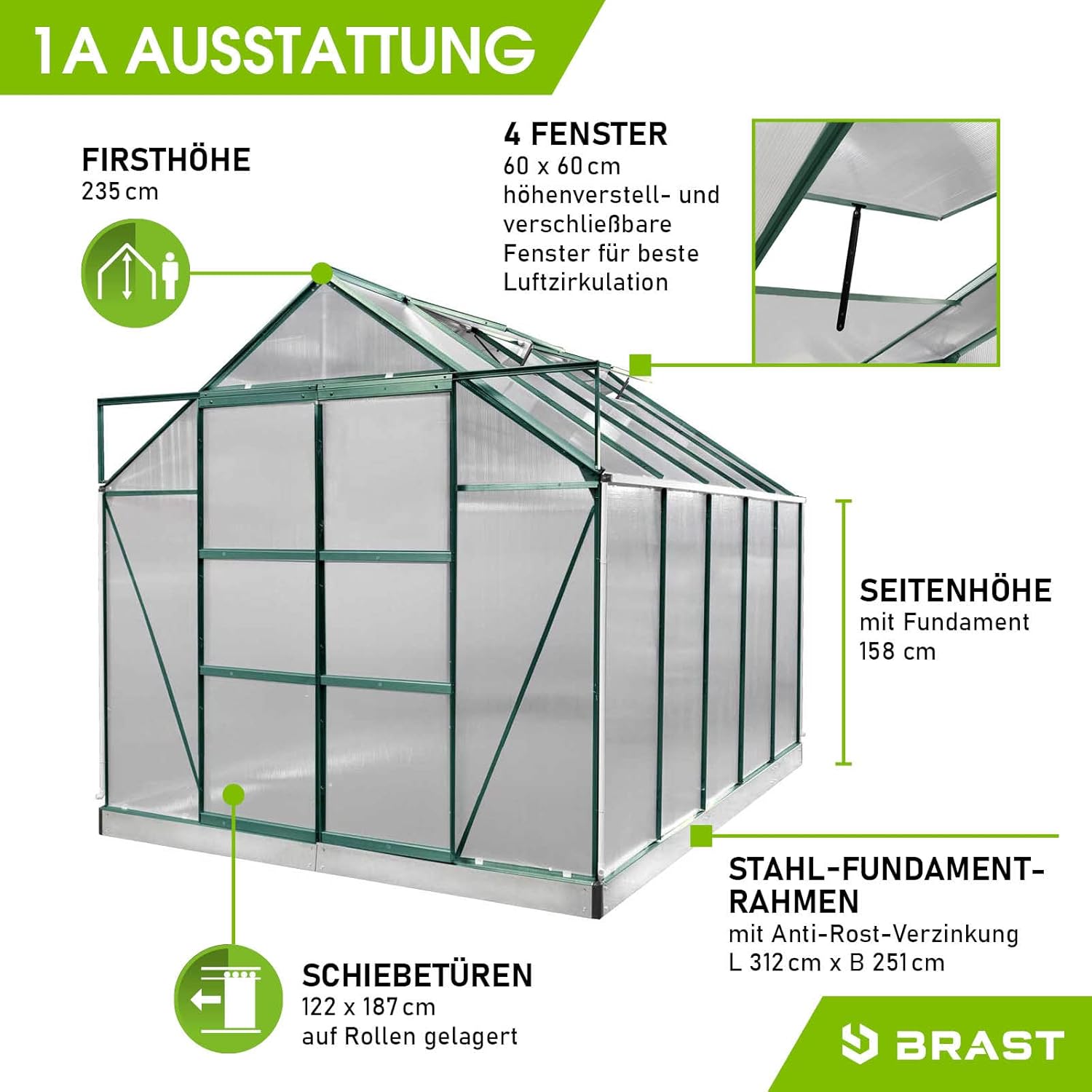BRAST Gewächshaus Aluminium mit Fundament | 42 Modelle | 130x190x195cm - 490x250x235cm | TÜV geprüft | 6mm Hohlkammerplatten | rostfrei wetterfest temperaturbeständig | 310x250x235cm Grün