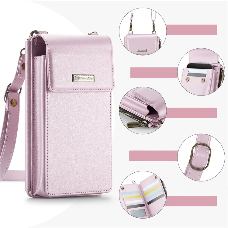 (17x10x3cm) Universal Handy Leder Umhängetasche Portemonnaie Fashion Crossbody Bag (RFID Schutz) - Rosa