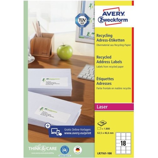 Etiquette adresse laser recyclée 63,5 X 46,6 mm blanche Avery LR7161 - Boîte de 1800