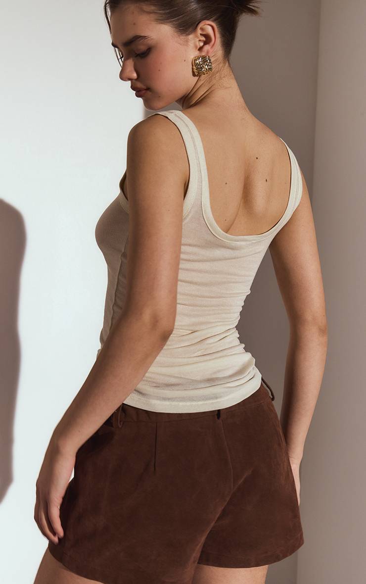 Crème Débardeur Long Col Rond En Matière Transparente Douce Au Toucher