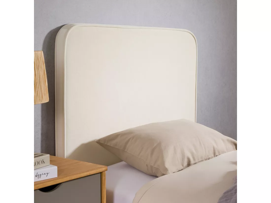 Tête de lit LUNAR 90, En tissu rembourré, Fixation murale Design arrondi moderne, Pour lit 90 cm ou moins, Blanc crème