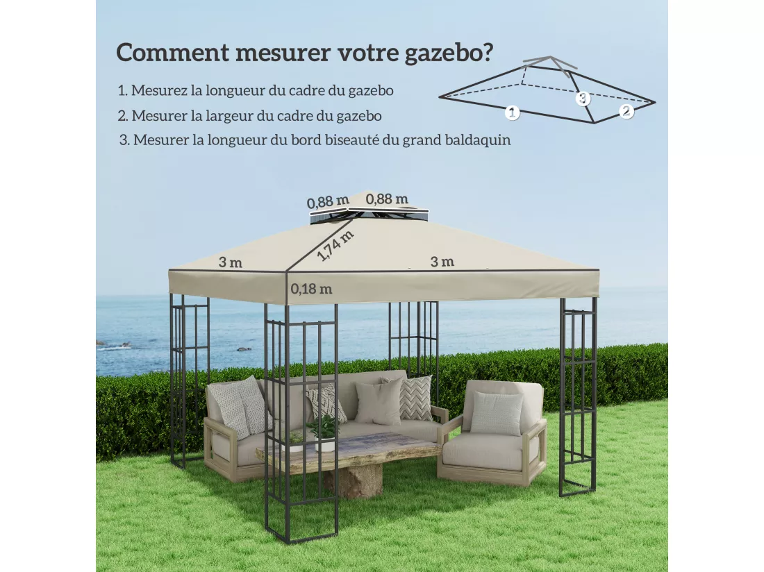 Toile de rechange barnum tonnelle 3 x 3 m - toit double avec œillets drainage - polyester haute densité 370 g/m² beige
