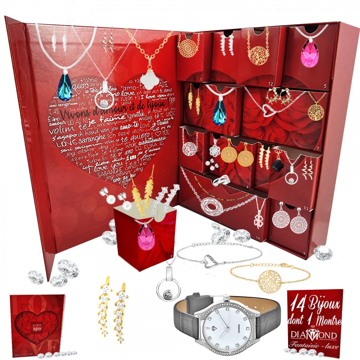 Calendrier de l'avent SC Crystal - 13 bijoux et 1 montre ornée d'un véritable diamant