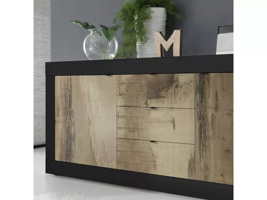 OTELLO - Buffet 2 Portes 3 Tiroirs Finition Noir Mat et Aspect Bois Antik