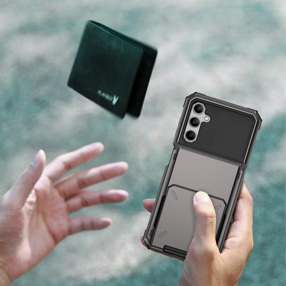 Samsung Galaxy S24 Hybrid Hardcase Hülle mit Aufschiebbarem Kartenfach - Schwarz / Grau