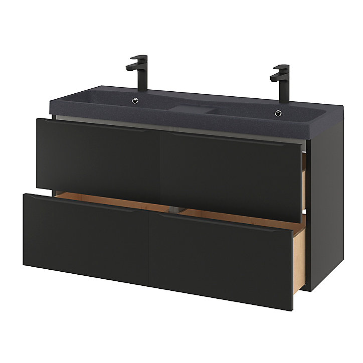Ensemble salle de bains l.120 cm meuble à suspendre Imandra noir mat + plan double vasque résine noir