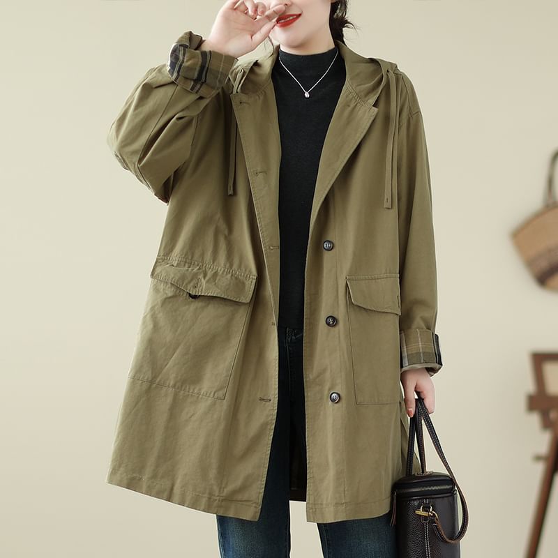 ZIMO - Effen trenchcoat met capuchon en enkele rij knopen
