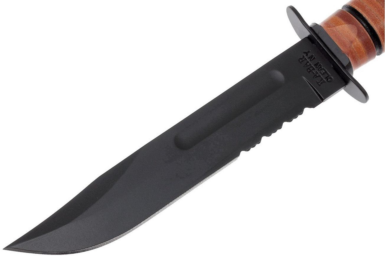 KA-BAR USMC 1218 deels gekarteld, leer, lederen foedraal survivalmes
