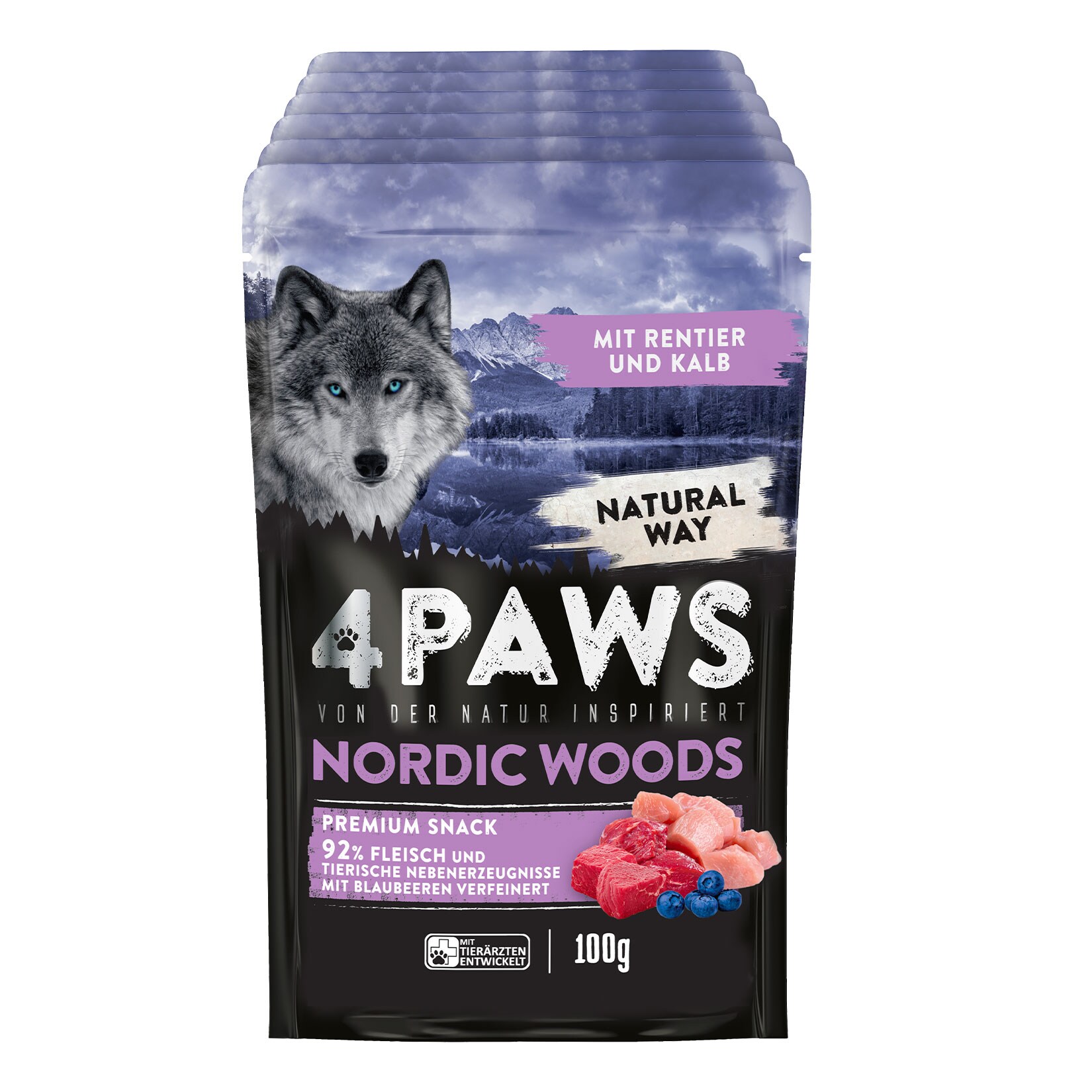 4 PAWS Hundesnack Rentier, Kalb, Huhn 100 g, 6er Pack
