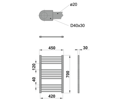 Rotheigner badkamerradiator BASIC 700 x 450 mm mat zwart, aansluiting aan beide zijden onder