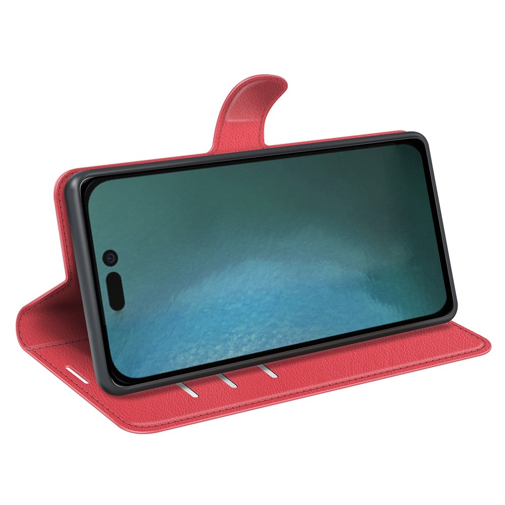 iPhone 14 Leder Tasche Flip Cover Litchi Look - Rot