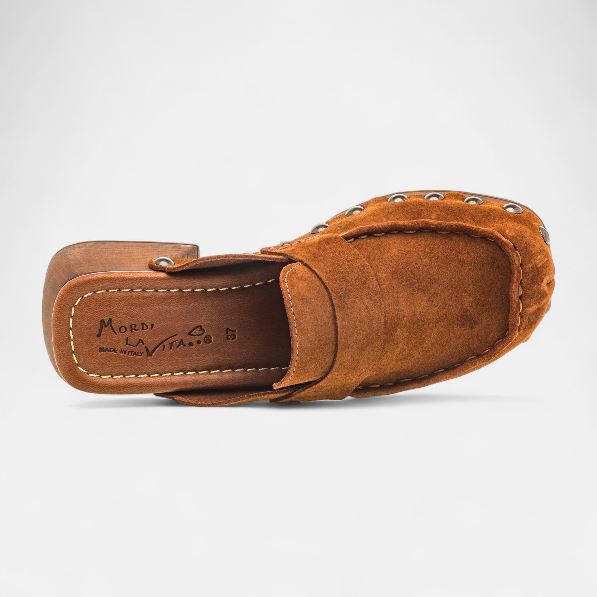 Chaussures semelle bois à talon Femme en cuir cognac