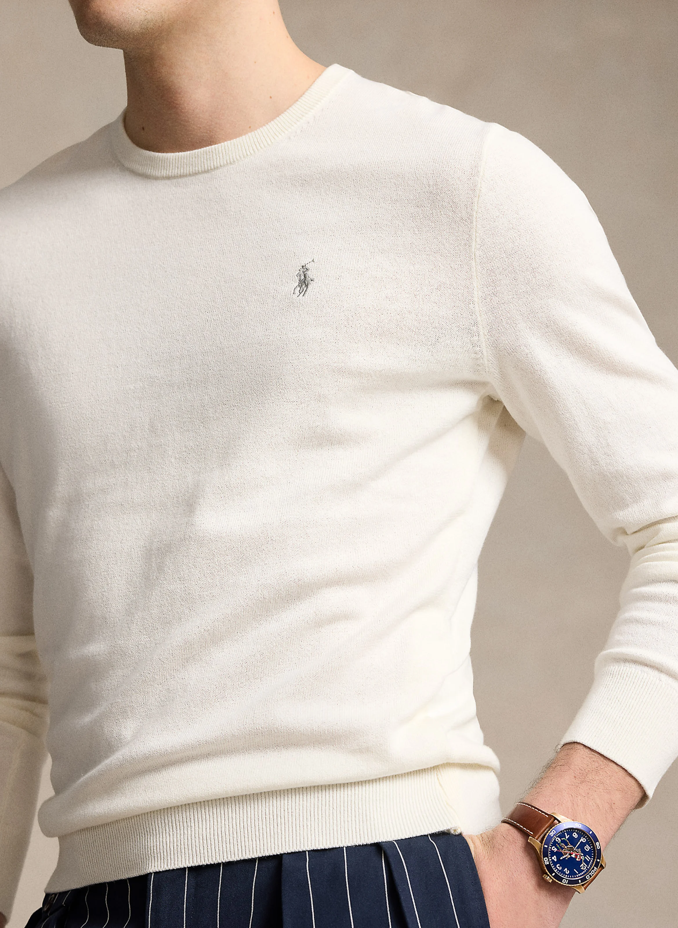 Pull col rond logo brodé en coton mélangé | Blanc
