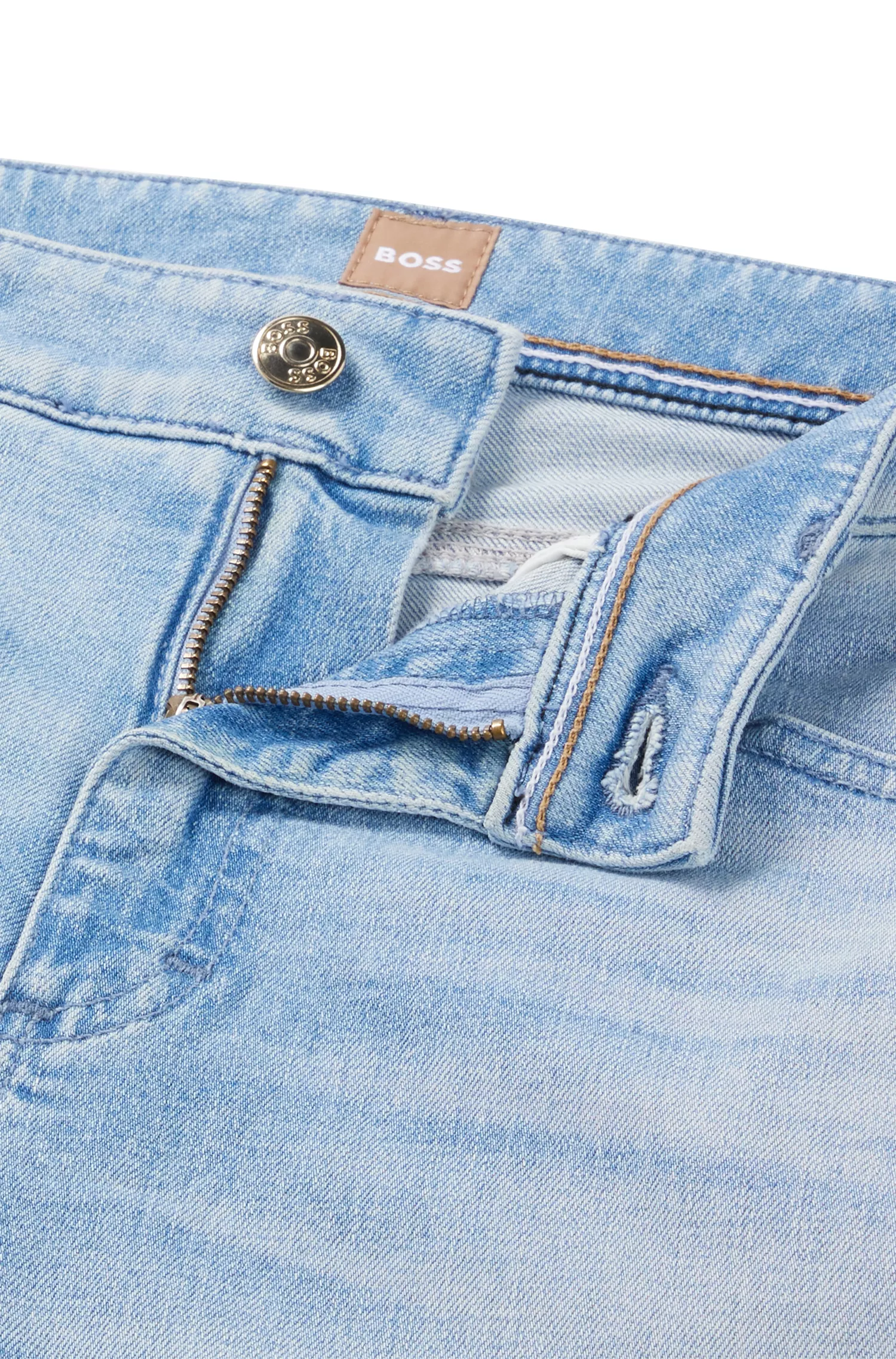 Calça jeans cropped preta BOSS em denim azul confortável com elasticidade.