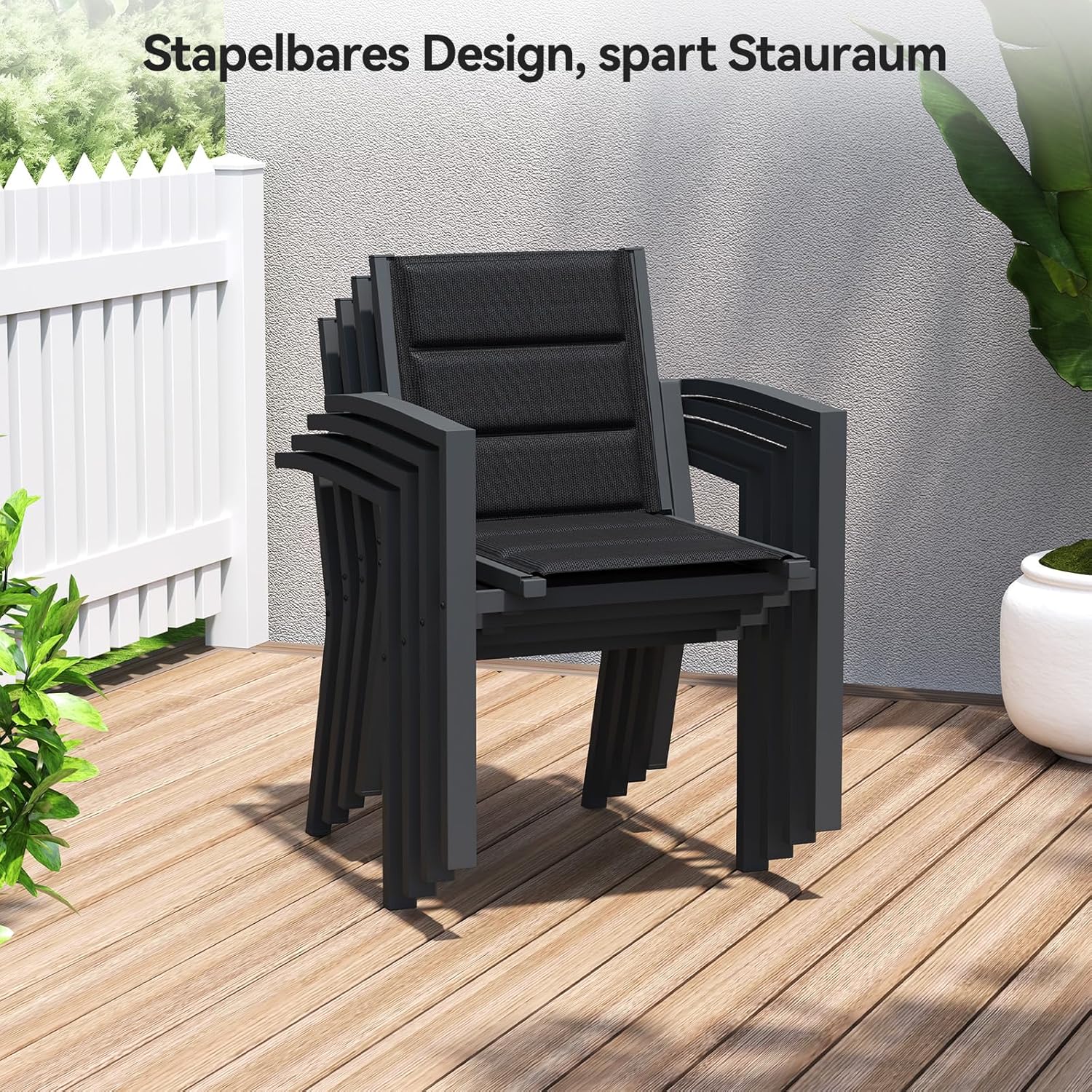 Gartenstühle Stapelbar, 2er Set Aluminium Gartenstuhl mit Armlehnen, Garten Stapelstühle, Balkonstühle, Garten Esszimmerstühle, Wetterfeste Terrassenstühle, Dunkelgrau