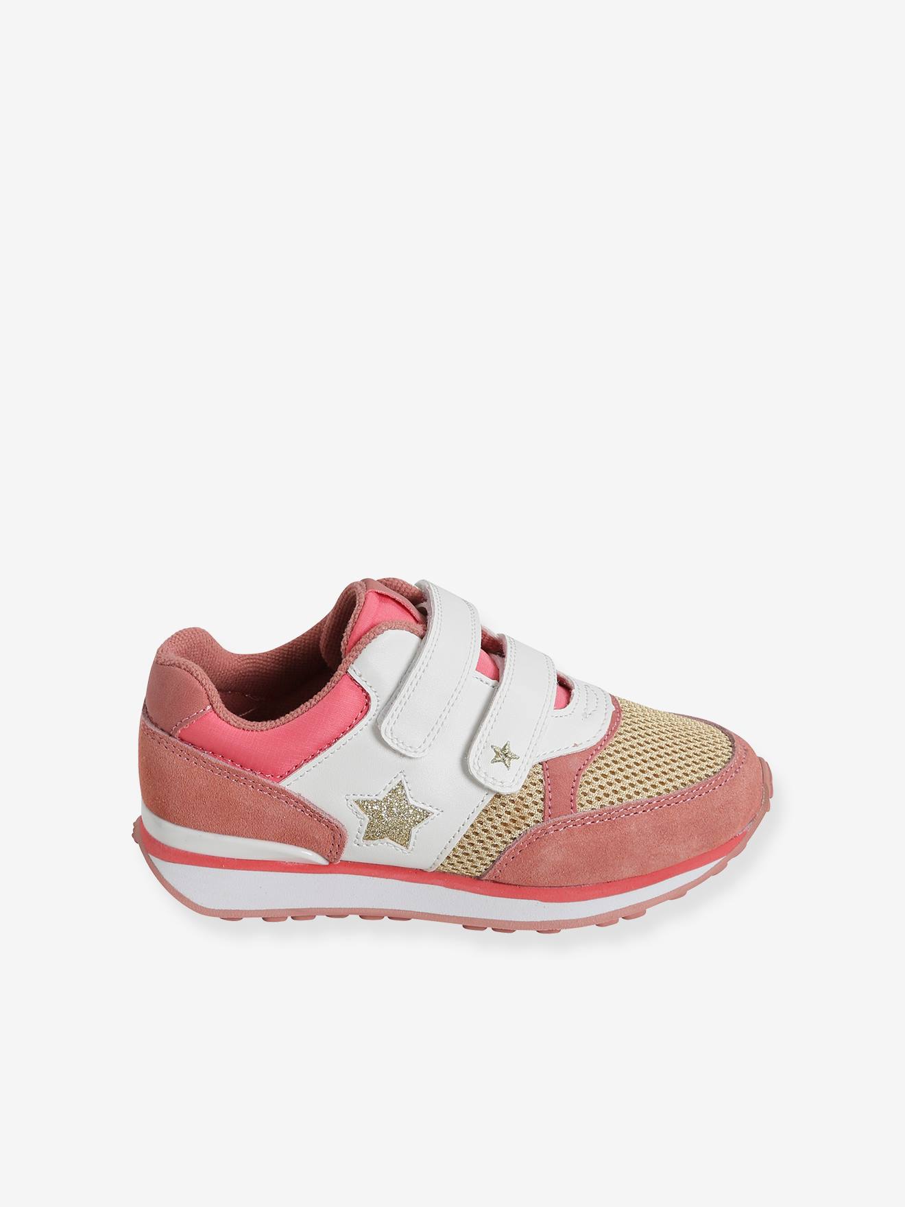 Tênis estilo corrida com fecho de velcro, para meninas, rosa médio, liso com estampas.