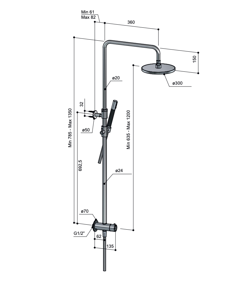 Hotbath Cobber M438 stortdouche met staafhanddouche en 30cm hoofddouche wit mat