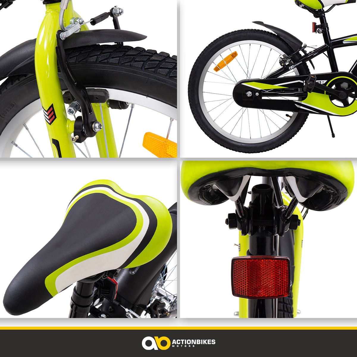Actionbikes Kinderfahrrad Wasp 20 Zoll, Fahrradständer, Schutzbleche, verstellbar, V-Brake-Bremsen (Schwarz-Grün)