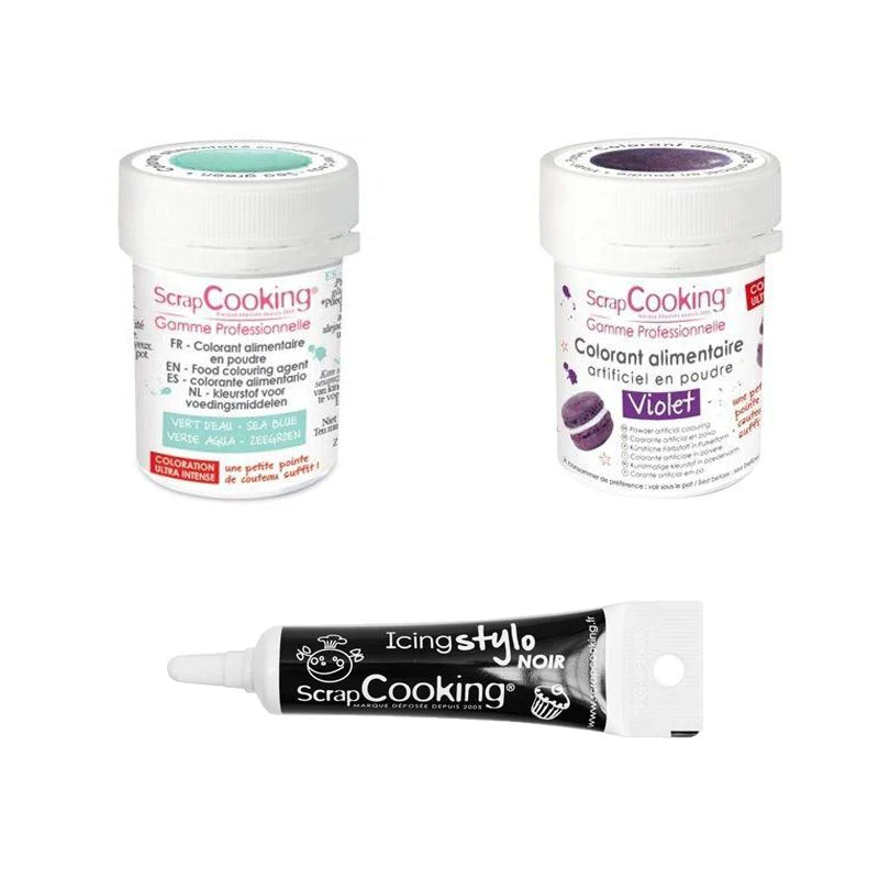 2 colorants alimentaires violet-vert d'eau + Stylo glaçage noir Scrapc