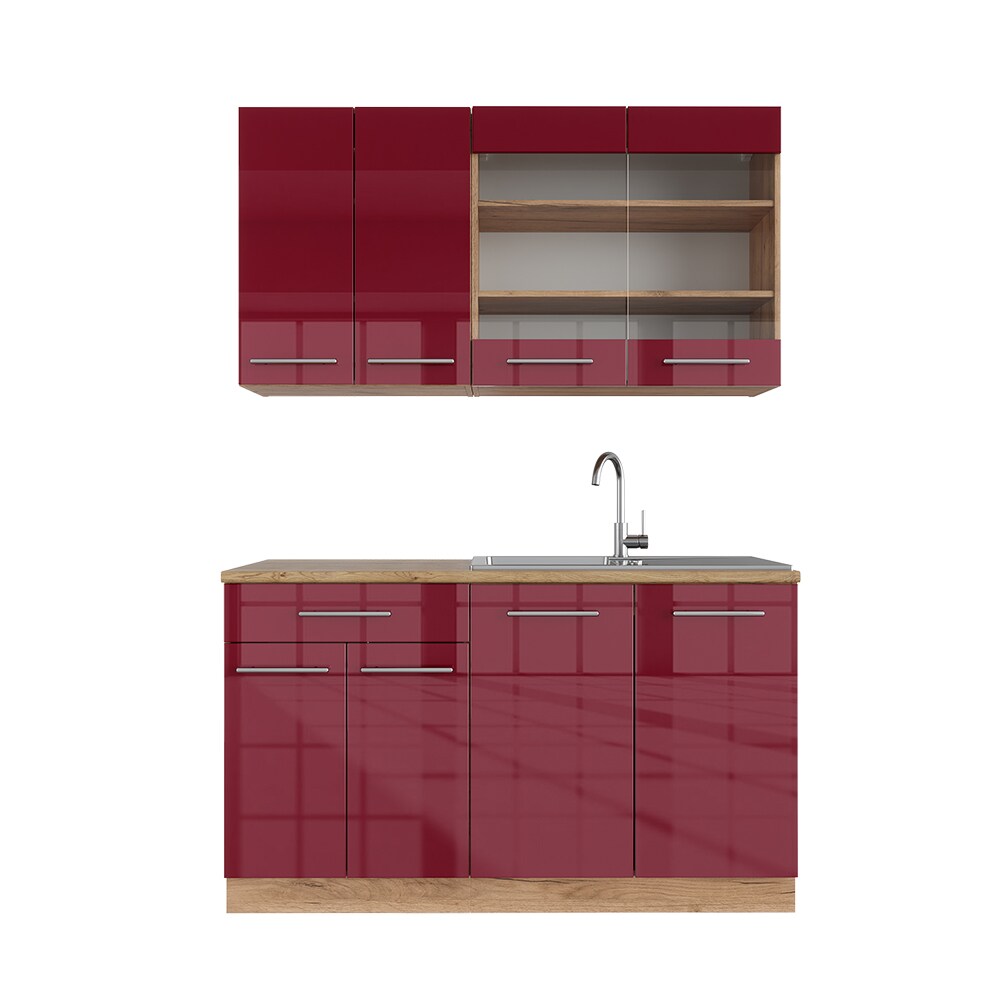 Vicco Küchenzeile Küchenblock Einbauküche Fame-Line Single Eiche Rot Bordeaux 140 cm modern Küchen Schränke Spülenunterschrank Schubunterschrank Hängeschrank Hängeglasschrank Hochglanz