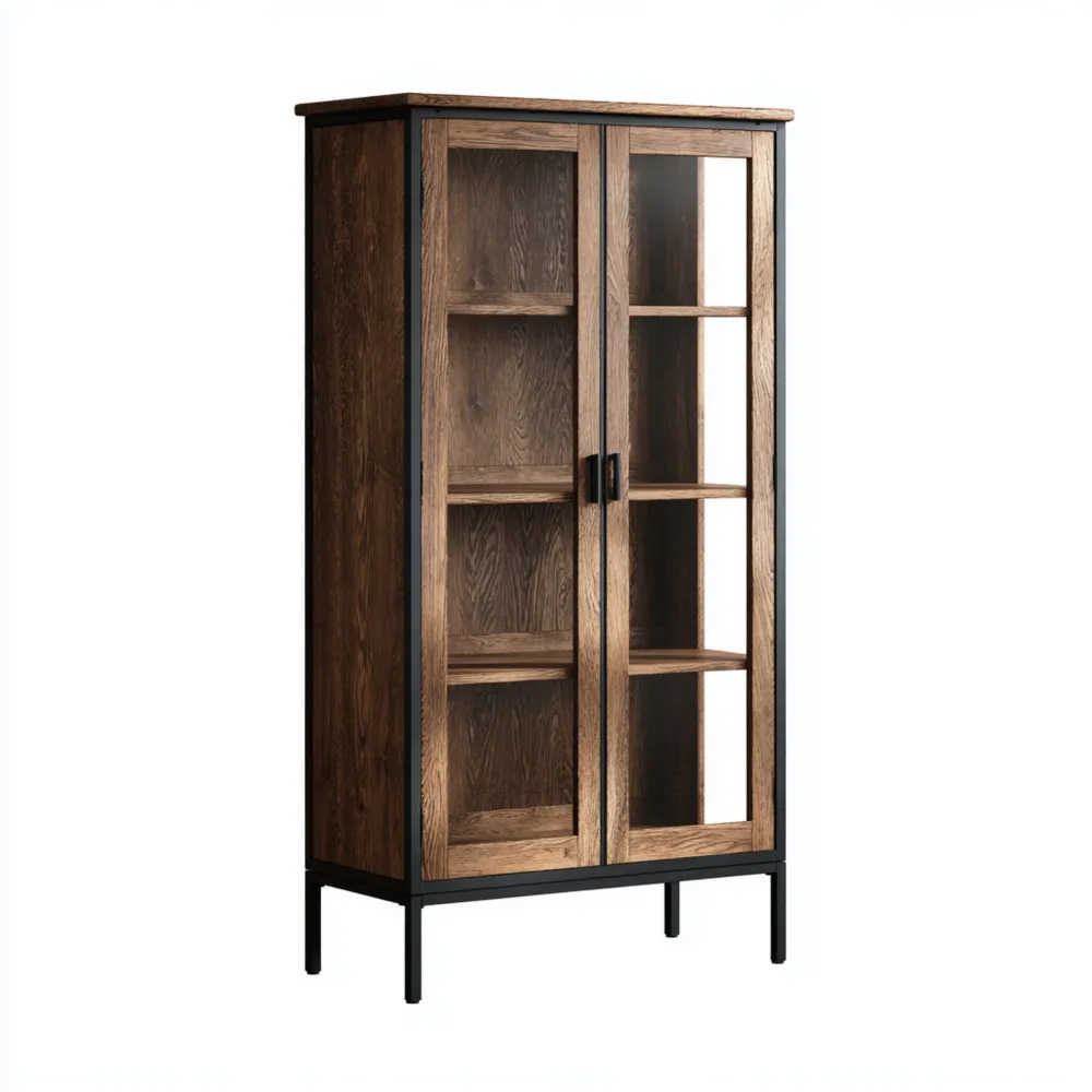 Vitrine Holz-Metall 80x40x180 cm – Braun/Schwarz – Industrieller Stil
