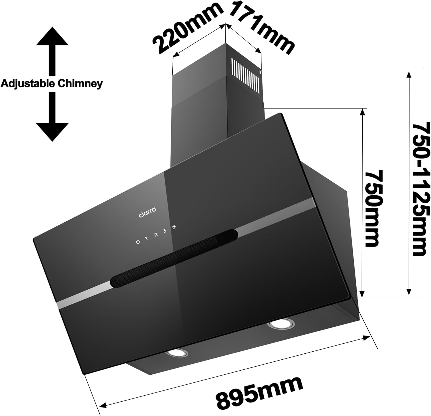 CIARRA CBCB9736F A+++ Dunstabzugshaube 90 cm Umluft Kopffreie Schräghaube 650m³/h automatisch Glasplatte Wi-Fi App Touch-Bedienung Booster Abluft mit CBCF003 Aktivkohlefilter 4 Stufen Schwarz