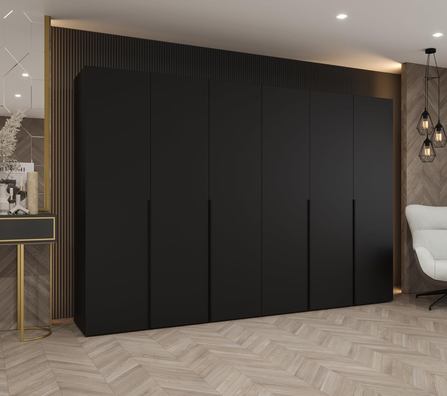 MEBLE KRYSPOL - Kleiderschrank - Drehtürenschrank - Schrank 300 x 202 x 52 cm - Moderner Garderobenschrank Schlafzimmer, Flur, Jugendzimmer - Schwarz, Griff Schwarz - Alicante 1