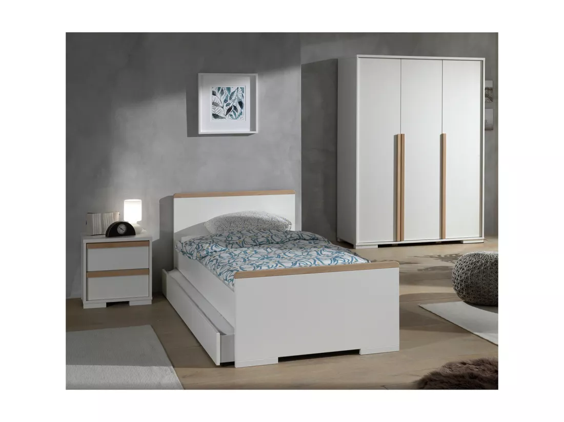 NASH WHITE - Chambre 90x200cm + Armoire 3 Portes