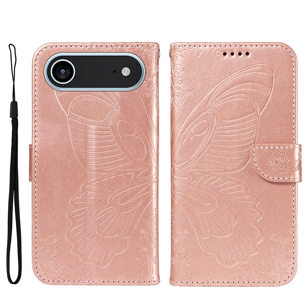 iPhone Air Leder Tasche Flip Cover Schmetterlinge Imprint - Roségold