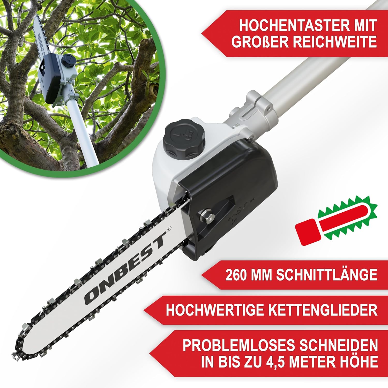 hochwertiges 4 IN 1 Benzin Multifunktionsgerät – Starke 1,9 PS/ 1,4 KW - Freischneider, Rasentrimmer, Heckenschere und Hochentaster in Einem – mit Verlängerung Stange – ergonomischer Tragegurt