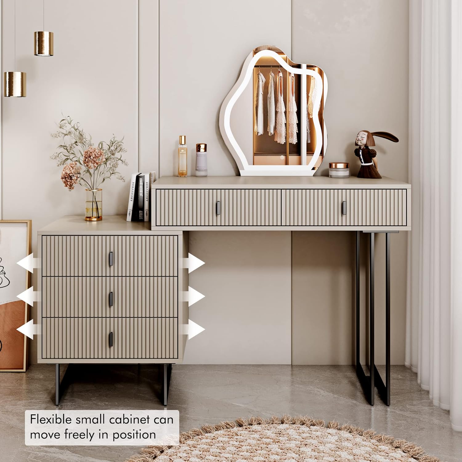 Cômoda leejdn com espelho regulável com tela sensível ao toque de 3 cores, penteadeira moderna para maquiagem com armários ajustáveis e 4 gavetas deslizantes, ideal para lavabo e quarto.