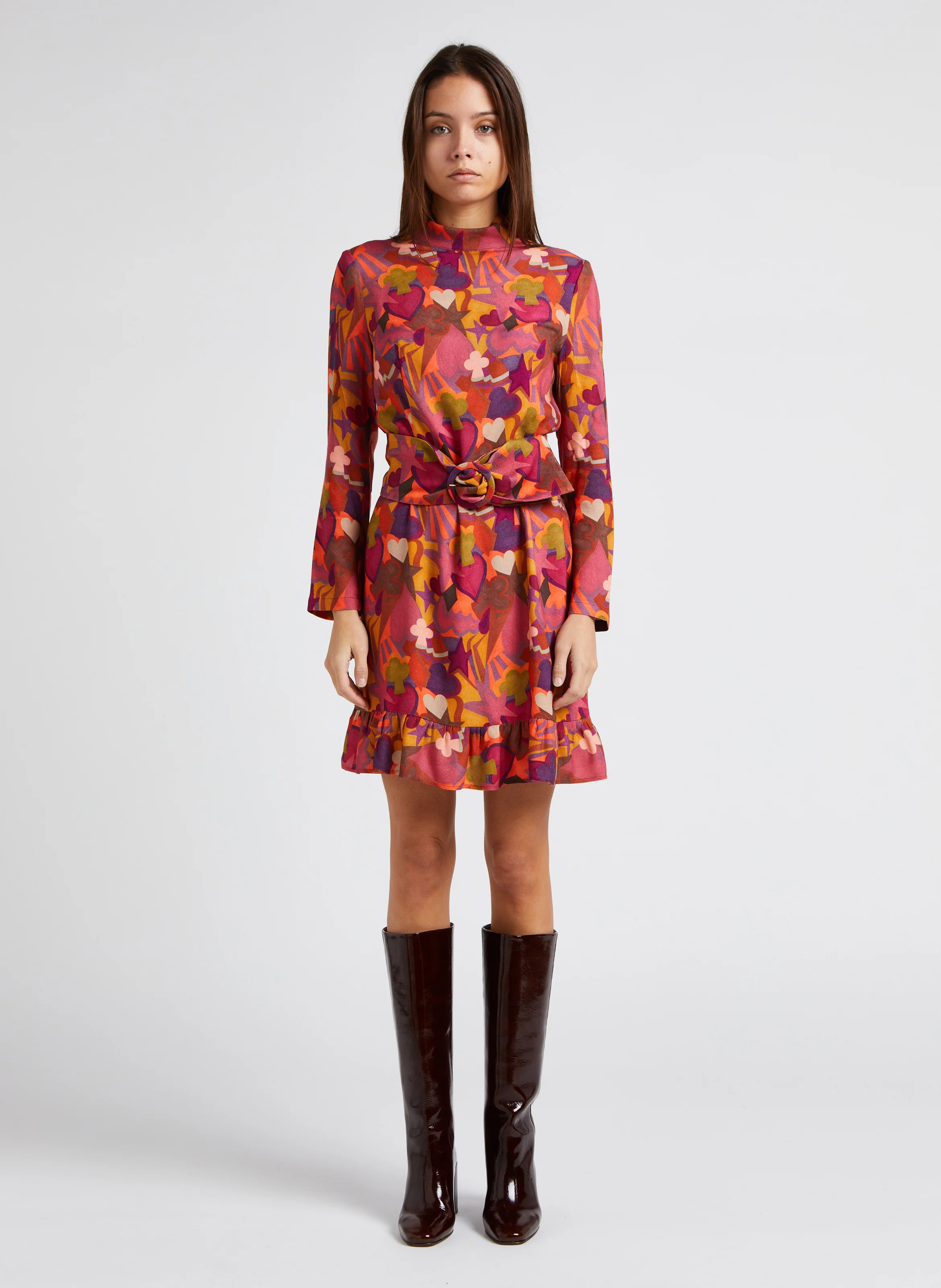 BONNE ETOILE - Robe courte évasée col montant imprimée | Rose