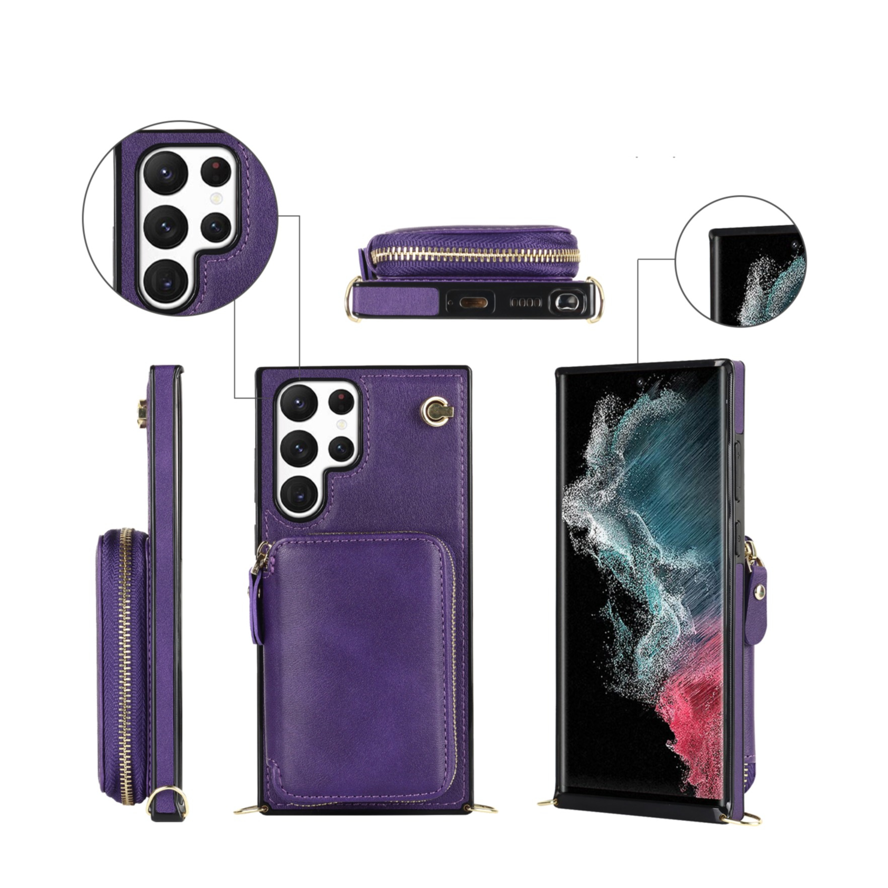 Samsung Galaxy S23 Ultra 5G Necklace Leder Schutz Hülle mit Kartenfächer   Handykette (140cm) - Violett