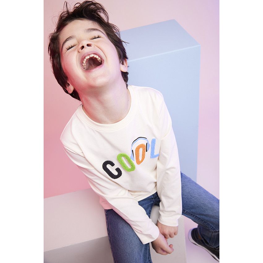 T-shirt manches longues en jersey avec visuel bouclette pour garçon - Ecru