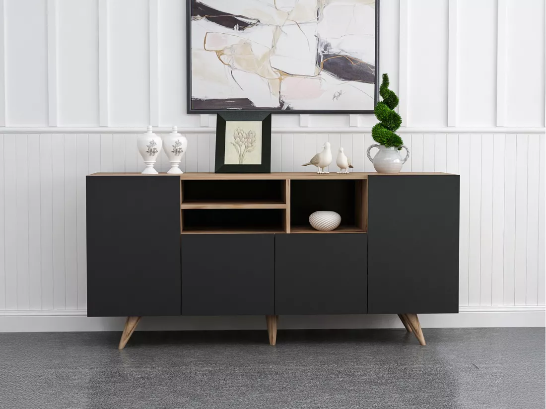 Buffet avec 4 portes et 3 niches - Noir et naturel - MOSTIA