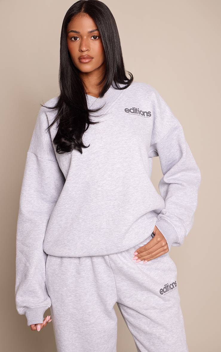 Gris Chiné Sweat-shirt Grande Taille Éditions Imprimé Col V Épaules Dénudées