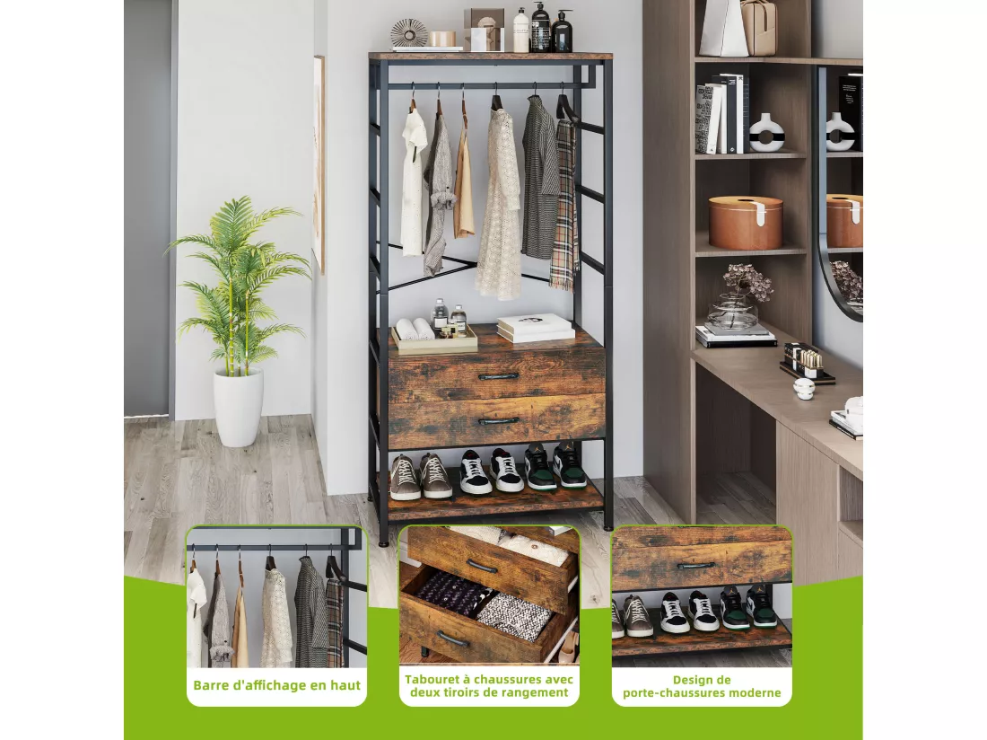 YITAHOME Porte Manteaux - avec Rangement pour Chaussures, Tringle à Vêtements - 2 tiroirs - Marron
